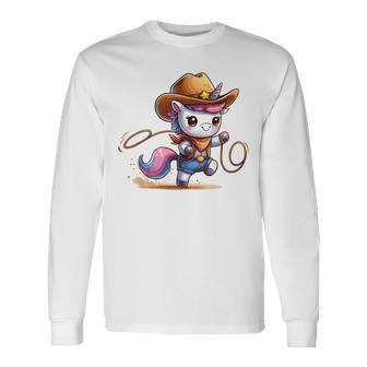 Western Rodeo Cowboy Hat Unicorn Texas Animals Long Sleeve T-Shirt - Thegiftio UK