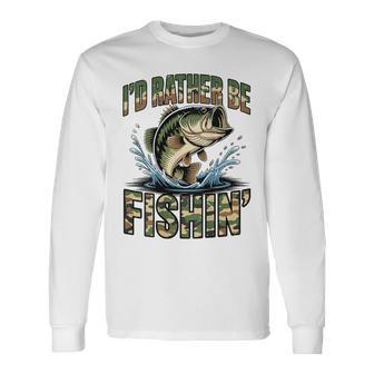 Youth Fishing Camo Bass Fish Boys Id Rather Be Fishing Long Sleeve T-Shirt - Monsterry
