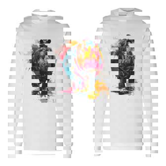 カバ 動物 カラフル グラフィック 抽象 アート 絵画 カバ 長袖Tシャツ - Kawaiitshirt