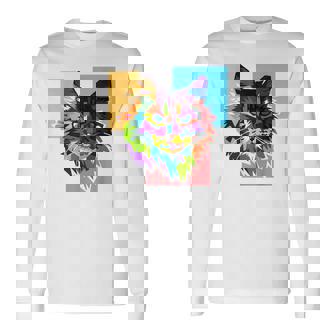 ペイントされた猫の顔 カラフル レインボー アートデザイン ギフトに最適 長袖Tシャツ - Kawaiitshirt
