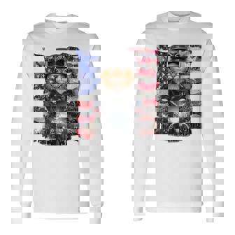 三毛猫 オレンジ猫 ねこ バイク 星条旗 アメリカ 長袖Tシャツ - Kawaiitshirt