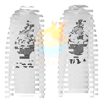 海老天丼 天丼 えび ご飯 ねこ 白猫 天丼好き 猫好き おもしろ かわいい猫 イラスト 猫キャラ 癒し 系 長袖Tシャツ - Kawaiitshirt