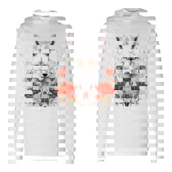 狐 アニマル柄 モチーフ 図面 イラスト 自然 狐 長袖Tシャツ - Kawaiitshirt