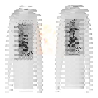 麦わら帽子 りんご パンダ 小さなパンダ 切手風 長袖Tシャツ - Kawaiitshirt