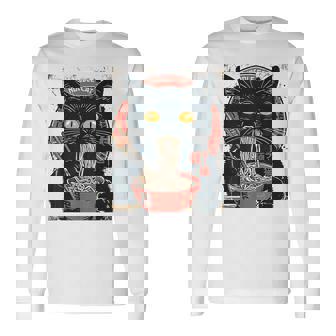 麺 猫 ラーメン好き 和食 猫 アート デザイン 長袖Tシャツ - Kawaiitshirt