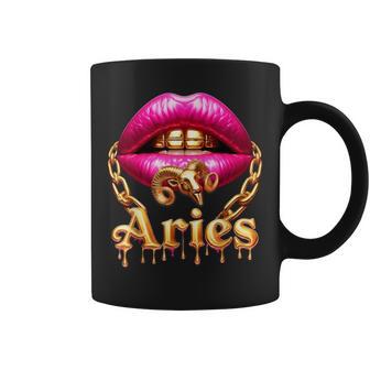 Aries Queen Girl Zodiac Birthday Pink Lips Gold Chain Coffee Mug - Thegiftio UK