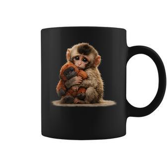 Baby Monkey Hugging Plush Cute Japanese Macaque Meme Coffee Mug - Thegiftio