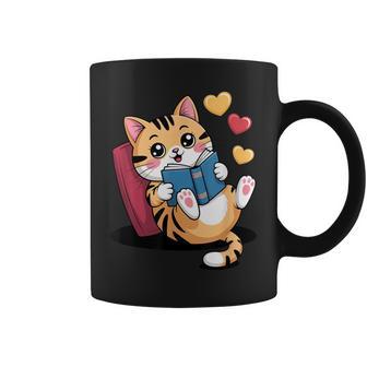 Cat Reading a Book Cute Kawaii Kitty Bookworm Coffee Mug | Mazezy