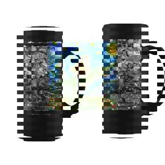 Cat Riding Dinosaur T-Rex Starry Night Van Gogh Cat Lover Coffee Mug | Mazezy