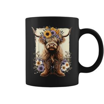 Floral Highland Cow Cowboy Boots Western Country Coffee Mug - Thegiftio