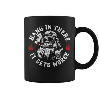 Hang In There It Gets Worse Sarcastic Humor Monkey On Back Coffee Mug | Seseable CA