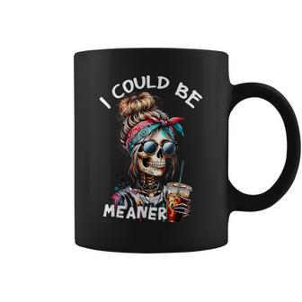 I Could Be Meaner Skeleton Messy Bun Drinking Coffee Coffee Mug | Seseable UK