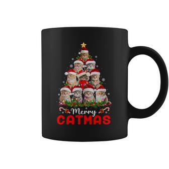 Meowy Catmas Cat Christmas Tree Lights Xmas Pajamas Coffee Mug | Mazezy