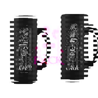 Messy Bun Skull Breast Cancer Awareness Fuck-Cancer Usa Flag Coffee Mug - Thegiftio