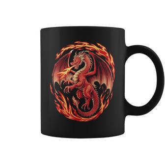 Mythical Red Dragon Breathes Fire On Clouds Boy Girl Dragon Coffee Mug - Monsterry