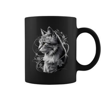Oeuvre D'art Chat Et Fleur Portrait Artistique Chat Amoureux Des Chats Tasse - Cadeauxyz