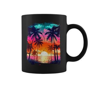 Orange And Aqua Sunset With Silhouetted Palm A Trees Beach Coffee Mug - Monsterry