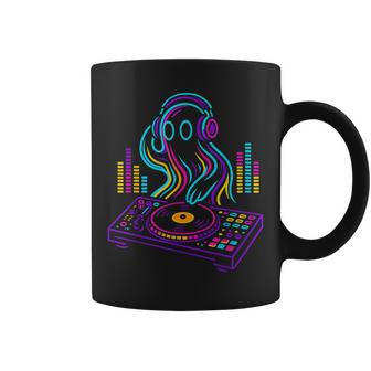 Retro Ghost DJ Mixing Decks Vibrant Rave Style Coffee Mug | Mazezy