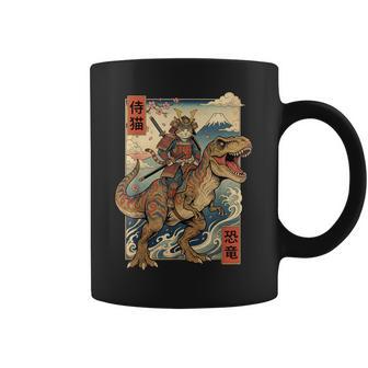 Samurai Cat Riding Dinosaur Japan T-Rex Katana Graphic Coffee Mug - Thegiftio UK