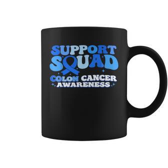 Support Squad Colon Cancer Awareness Colorectal Blue Ribbon Coffee Mug | Mazezy