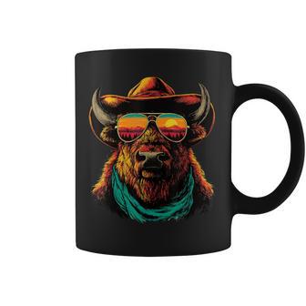 サングラス カラフル バイソン カウボーイ 動物 夕日 ウエスタン コーヒーマグ - Kawaiitshirt