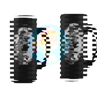 赤ちゃんをおんぶしたファンキー男 ハート型のサングラス ミニダルマ ヒゲ ファイヤーパターンのヘルメット コーヒーマグ - Kawaiitshirt