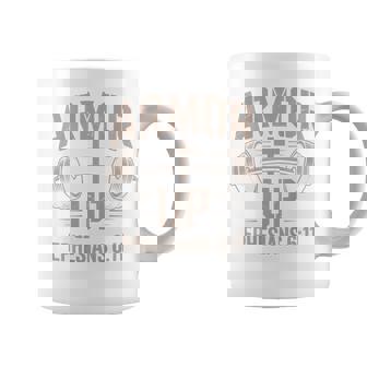 Armor Up Gym Christian Workout Dumbbell Cross Barbell Coffee Mug | Mazezy