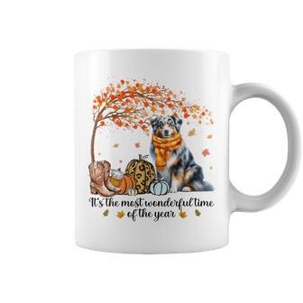 Fall Maple Tree Print Dog Lover Happy Thanksgiving Australian Shepherd Autumn Fall Coffee Mug | Mazezy