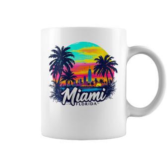 Miami Florida Skyline – Vibrant Sunset & Palm Tree Coffee Mug | Mazezy