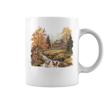 Retro Chickens And Red Barn Crew Neck For Fall Coffee Mug | Mazezy