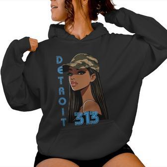 Detroit 313 Black Woman Or Girls Camo Hat Hometown Women Hoodie | Mazezy