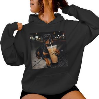 Dog Rottweiler Drinking Iced Coffee Animal Meme Women Hoodie - Thegiftio UK