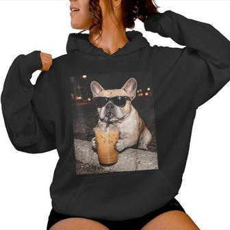 French Bulldog Drinking Iced Coffee Animal Women Hoodie - Monsterry
