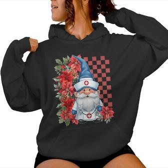 Gnome Nurse Christmas Plaid Poinsettia Medical Worker Women Hoodie - Thegiftio UK