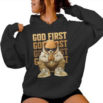 God First Hip Hop Teddy Bear Christian Streetwear Boys Ns Women Hoodie - Seseable
