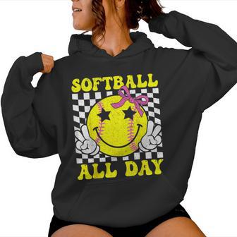Groovy Softball All Day Softball Coquette Bow Softball Girl Women Hoodie - Thegiftio UK