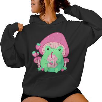 Kawaii Frog Cottagecore Ästhetische Erdbeermilch Kapuzenpullover für Damen - Geschenkecke