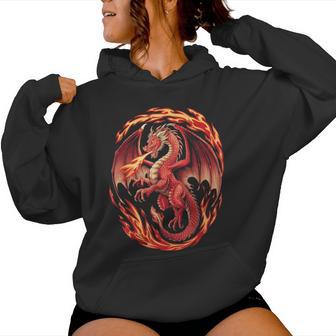 Mythical Red Dragon Breathes Fire On Clouds Boy Girl Dragon Women Hoodie - Monsterry