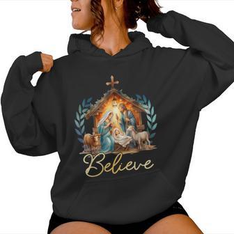 Nativity Scene Believe Christian Xmas Family Merry Christmas Women Hoodie - Thegiftio UK