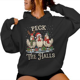 Peck The Halls Chicken Christmas Farm Animal Santa Hat Women Hoodie - Monsterry