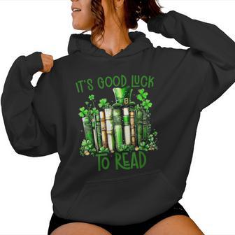 Retro Book Lucky Reading Teacher St Patrick's Day -Adults Black Small Cotton Blend Polyester Blend Short Sleeve Women Hoodie - Monsterry