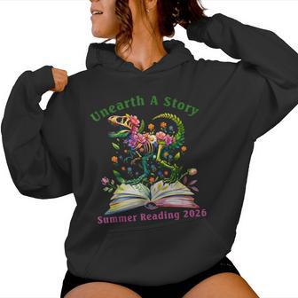Unearth A Story Summer Reading 2026 Dinosaur Book Floral Women Hoodie - Monsterry