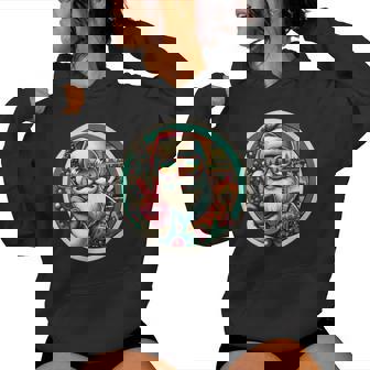 Vintage Santa Victory Sign Christmas Tree Fireplace Retro Women Hoodie - Monsterry