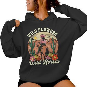 Wild Flowers Wild Horses Cowgirl Riding Rodeo Western Girl Women Hoodie - Monsterry