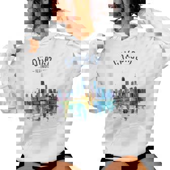 Chicago Illinois Skyline Vintage Watercolor Scenic Travel Women's Hoodie | Mazezy