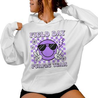 Field Day Purple Team Groovy Smile Face Checkered Students Women Hoodie | Mazezy