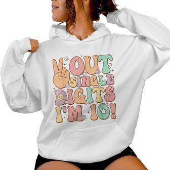 Peace Out Single Digits I'm 10 Groovy Retro 10Th Birthday Women Hoodie - Thegiftio UK