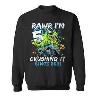 5Th Birthday Monster Truck Dinosaur Party Boys Rawr I'm 5 Sweatshirt - Thegiftio UK