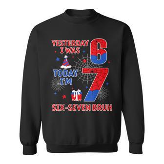 I Was 6 Now I'm 7 7Th Spider Theme Birthday Boy 7 Year Old Sweatshirt - Thegiftio