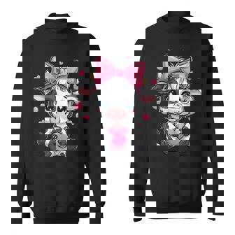 Awesome Black & White Cow Holding Heart Pink Coquette Bow Sweatshirt | Seseable CA